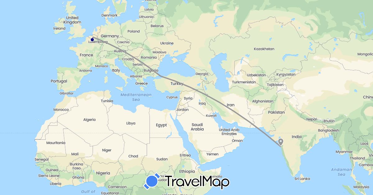 TravelMap itinerary: driving, plane in Belgium, France, India, Turkey (Asia, Europe)